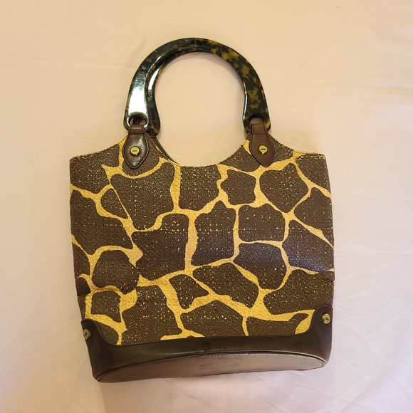 Elaine Turner Safari Giraffe Print Raffia Faux Turquoise Double Handled Handbag - Picture 2 of 9
